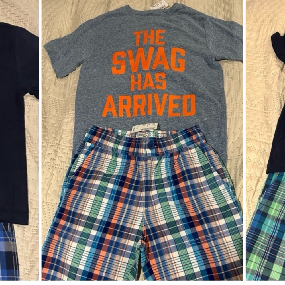 3 NWT sets of Graphic Tees and Plaid Shorts Set Gymboree and Children’s Place